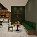 Modern Café Interior Design With Green Chairs Wooden Walls And Round Tables