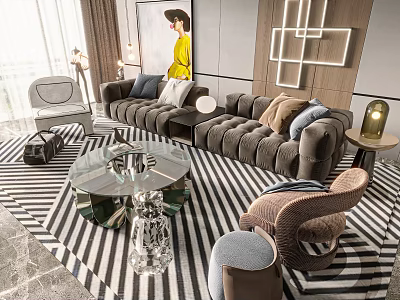 Modern Upholstered Sofa And Glass Top Coffee Table Set With Striped Rug And Decorative Pillows 3d model