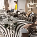 Modern Upholstered Sofa And Glass Top Coffee Table Set With Striped Rug And Decorative Pillows