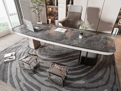 Stylish Work Desk With Open Laptop Chair Acrylic Stools Plant Rug And Natural Light 3d model