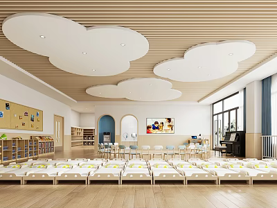 Kindergarten Interior With Cloud Shaped Ceiling Wooden Floor Small Beds Bookshelves Piano And Windows 3d model