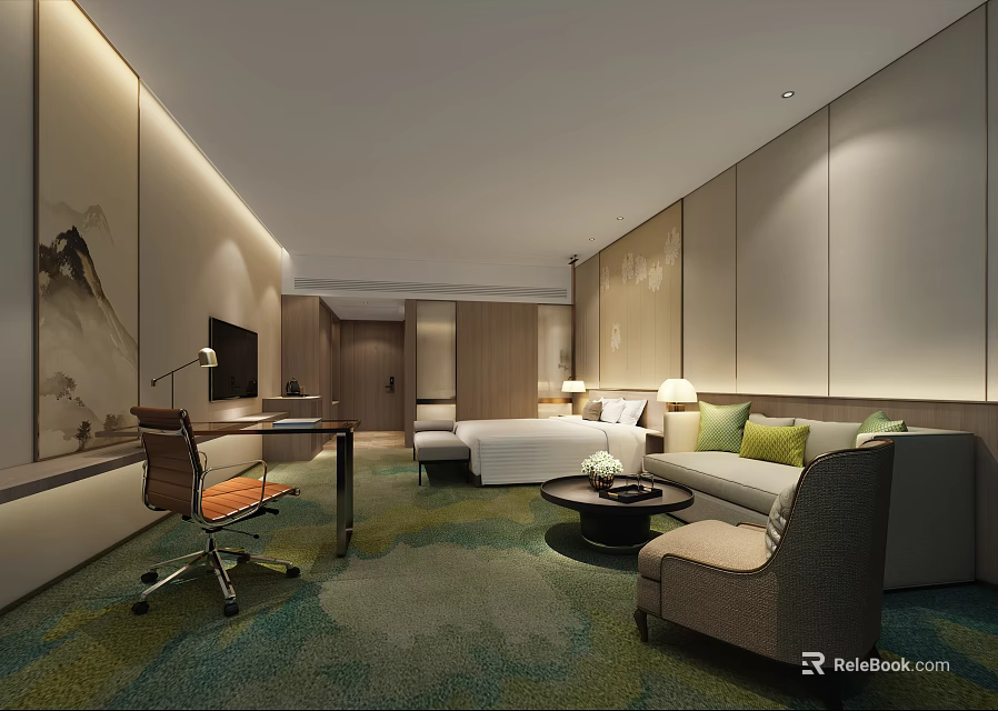 Modern Hotel Guest Room With Comfortable Bed Sofa Coffee Table And Chinese Wall Decor 3d model 