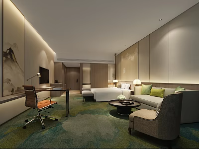 Modern Hotel Guest Room With Comfortable Bed Sofa Coffee Table And Chinese Wall Decor 3d model