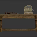 Antique Wooden Table With Vintage Cash Register And Glass Bottles