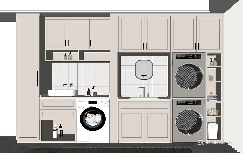 Sleek Modern Bathroom Cabinet Rack With Washing Machine Dryer Mirror And Sink 3d model 