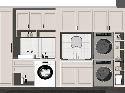 Sleek Modern Bathroom Cabinet Rack With Washing Machine Dryer Mirror And Sink 3d model
