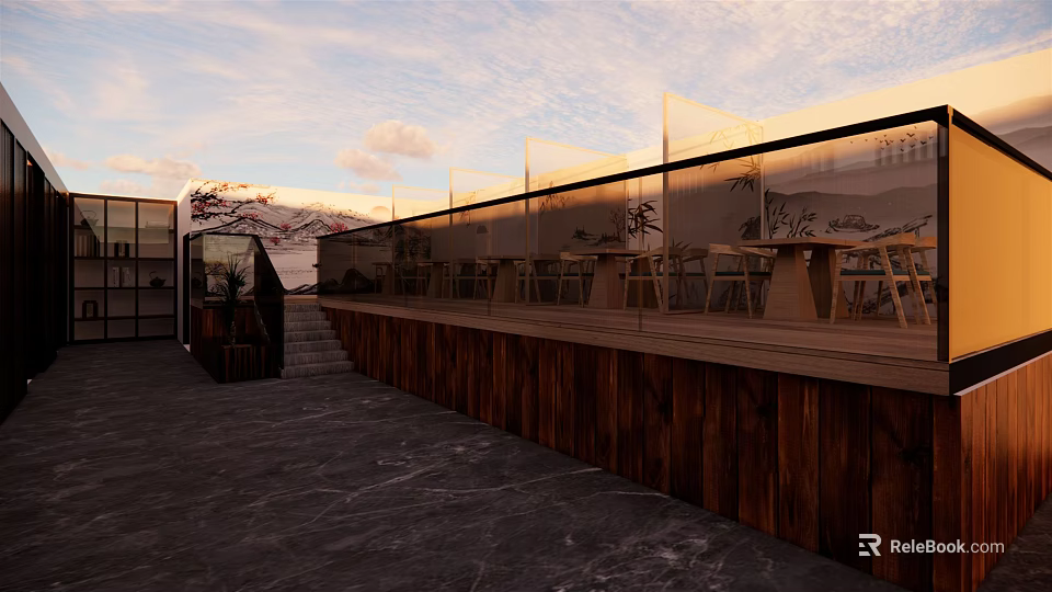 Homestay Building Terrace With Wooden Deck Glass Railing And Mountain View Outdoor Seating 3d model 
