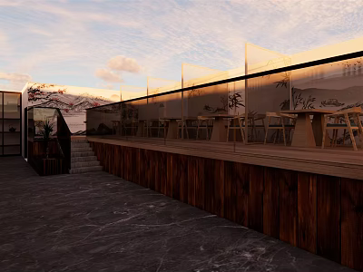 Homestay Building Terrace With Wooden Deck Glass Railing And Mountain View Outdoor Seating 3d model