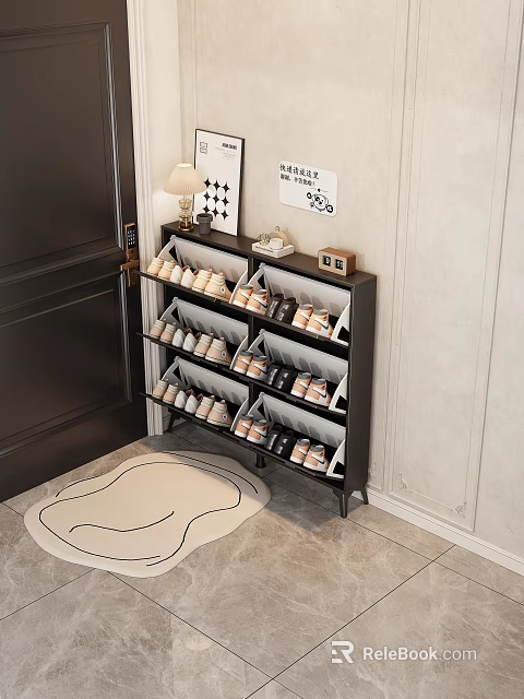 Black Multitier Shoe Rack in Entryway with Door Mat Holding Shoes and Decorative Lamp Frames 3d model 