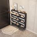 Black Multitier Shoe Rack in Entryway with Door Mat Holding Shoes and Decorative Lamp Frames