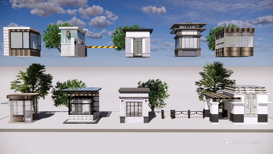 Various Guard Booth Designs in Different Styles with Trees and Railings 3d model