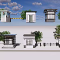 Various Guard Booth Designs in Different Styles with Trees and Railings 3d model
