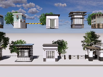 Various Guard Booth Designs in Different Styles with Trees and Railings 3d model