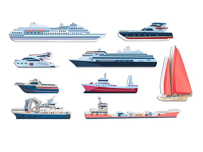 Various Types of Boats Including Cruise Ships Yachts Sailboats and Cargo Vessels 3d model