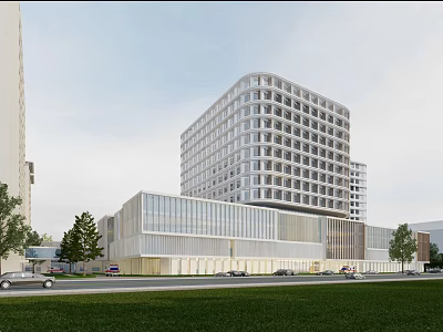 Modern Hospital Building With Glass Curtain Walls Multi Storey Structure And Green Surroundings 3d model