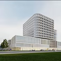 Modern Hospital Building With Glass Curtain Walls Multi Storey Structure And Green Surroundings