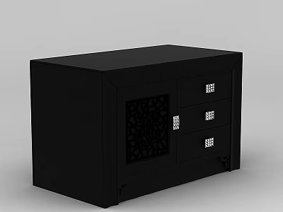 Modern Tech Exhibition Hall Featuring Black Display Cabinet With Drawers And Patterned Panel 3d model