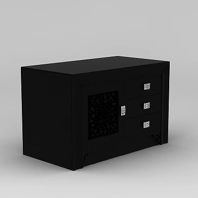 Modern Tech Exhibition Hall Featuring Black Display Cabinet With Drawers And Patterned Panel 3d model