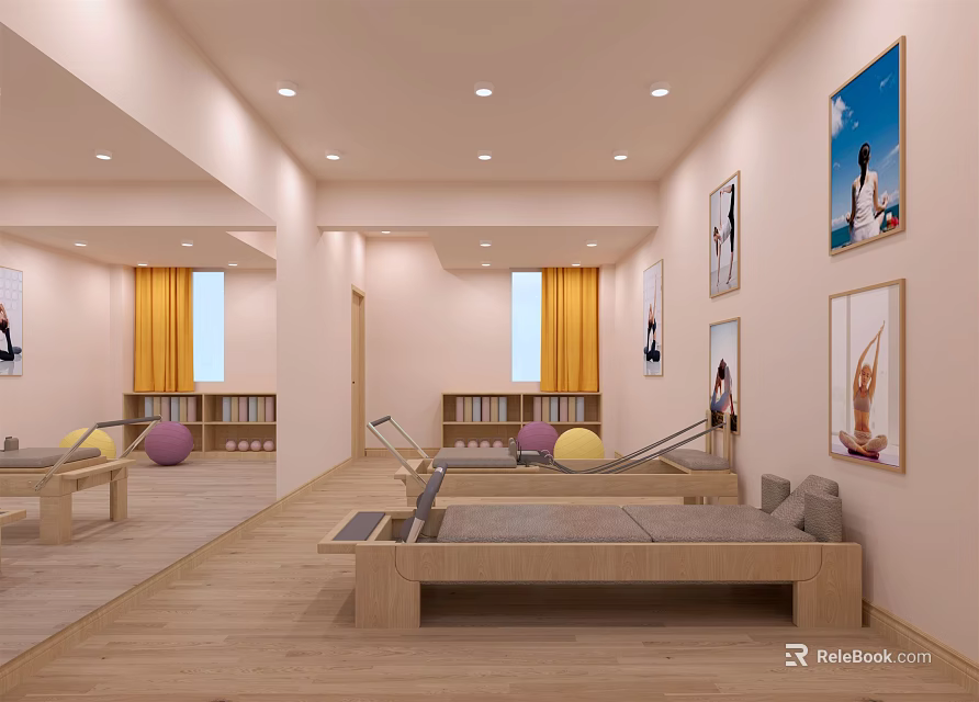 Bright Yoga Fitness Studio Interior With Posters Wooden Benches Colored Yoga Balls And Bookshelves 3d model 