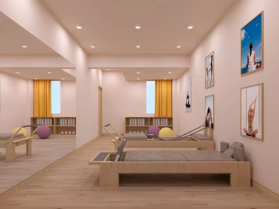 Bright Yoga Fitness Studio Interior With Posters Wooden Benches Colored Yoga Balls And Bookshelves 3d model