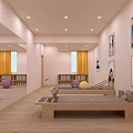Bright Yoga Fitness Studio Interior With Posters Wooden Benches Colored Yoga Balls And Bookshelves