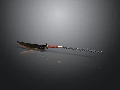 Traditional Weapon With Sharp Curved Blade Red Green Handle And Metallic Chain 3d model