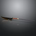 Traditional Weapon With Sharp Curved Blade Red Green Handle And Metallic Chain