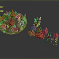 3D Model of Small Houses with Red Roofs and Green Trees Circular and Scattered Layout