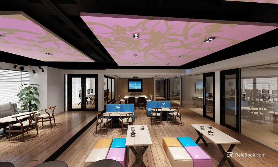 Modern Bright Office Reception Area With Colorful Furniture And Artistic Patterned Ceiling Design 3d model 