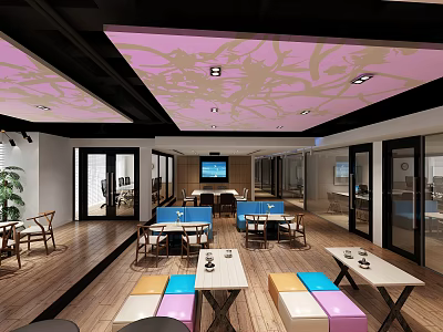Modern Bright Office Reception Area With Colorful Furniture And Artistic Patterned Ceiling Design 3d model