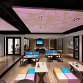 Modern Bright Office Reception Area With Colorful Furniture And Artistic Patterned Ceiling Design