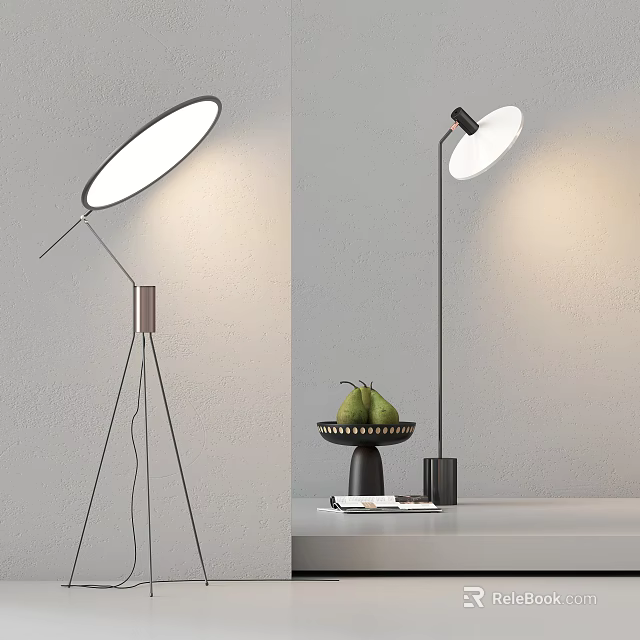 Modern Floor Lamp With Tripod Base Minimalist Design On Table With Fruit Bowl And Pears 3d model 