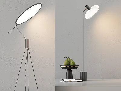Modern Floor Lamp With Tripod Base Minimalist Design On Table With Fruit Bowl And Pears 3d model