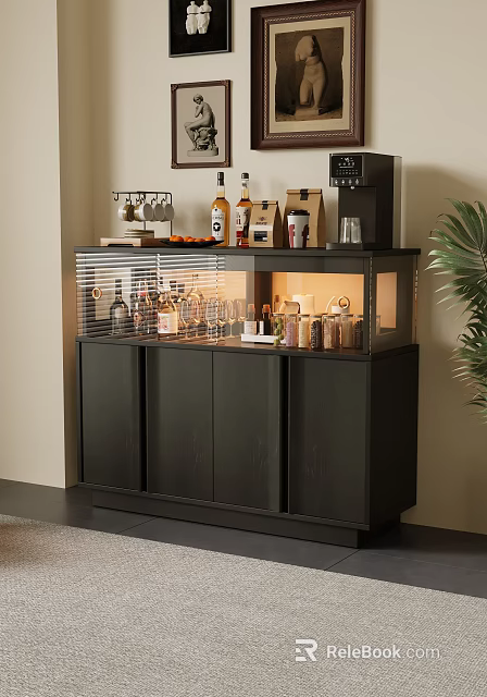 Black Sideboard With Glass Doors Top Coffee Machine And Storage For Bottles Glasses Jars 3d model 