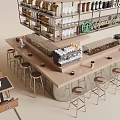 Modern Bar Interior Design With Coffee Machine Metal Stools Wooden Countertop And Overhead Shelves
