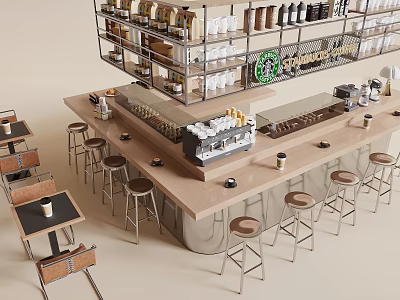 Modern Bar Interior Design With Coffee Machine Metal Stools Wooden Countertop And Overhead Shelves 3d model
