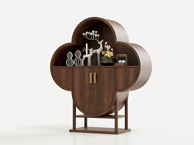 Dark Brown Wooden Tea Cabinet with Clover Shaped Design Open Shelves and Decorative Items 3d model