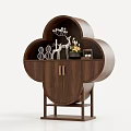 Dark Brown Wooden Tea Cabinet with Clover Shaped Design Open Shelves and Decorative Items