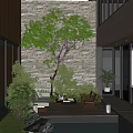 Modern Outdoor Garden Landscape With Wooden Deck Comfortable Sofa Coffee Table And Stone Wall