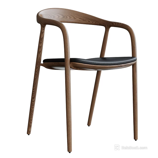 Modern Dining Chair With Curved Wooden Frame And Black Leather Seat 3d model 