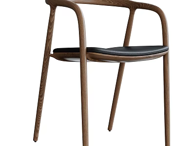 Modern Dining Chair With Curved Wooden Frame And Black Leather Seat 3d model