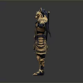 Man in Ornate Gold and Blue Armor with Mythical Beast Headpiece Arms Outstretched