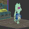 Anime Style Game Character With Pink Red Long Hair Blue White Outfit And Stone Wall