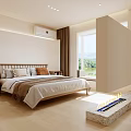 Modern Bedroom With White Bed Brown Pillows Large Window Fireplace And Built In Wardrobes