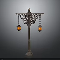 Vintage Carved Building Lamp Post With Double Orange Lanterns And Intricate Metal Design