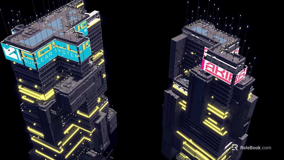Future Architecture Featuring Tall Complex Structures Glowing Yellow Lines And Colorful Displays 3d model 
