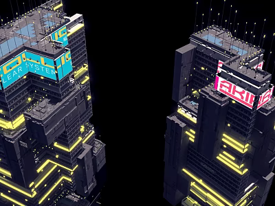 Future Architecture Featuring Tall Complex Structures Glowing Yellow Lines And Colorful Displays 3d model