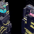 Future Architecture Featuring Tall Complex Structures Glowing Yellow Lines And Colorful Displays