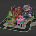 Cartoon Town Scene Featuring Colorful Buildings Various Shops And Street Lamps
