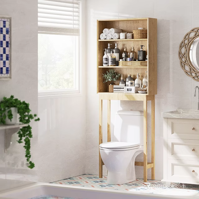 Bright Modern Bathroom Interior With Wooden Shelf Toiletries Green Plant Window and Sink 3d model 
